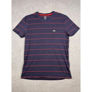 Lacoste Mens V-Neck Striped T-Shirt Blue Red Size 4 Medium Regular Fit F8330
